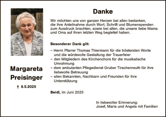 Traueranzeige von Margareta Preisinger von Tirschenreuth + Eschenbach - Kemnath - Erbendorf