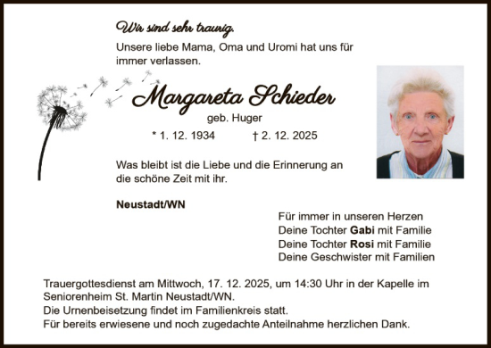 Traueranzeige von Margareta Schieder von Hauptausgabe Weiden