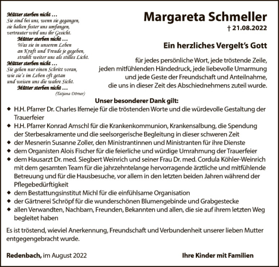 Traueranzeige von Margareta Schmeller von Tirschenreuth + Eschenbach - Kemnath - Erbendorf