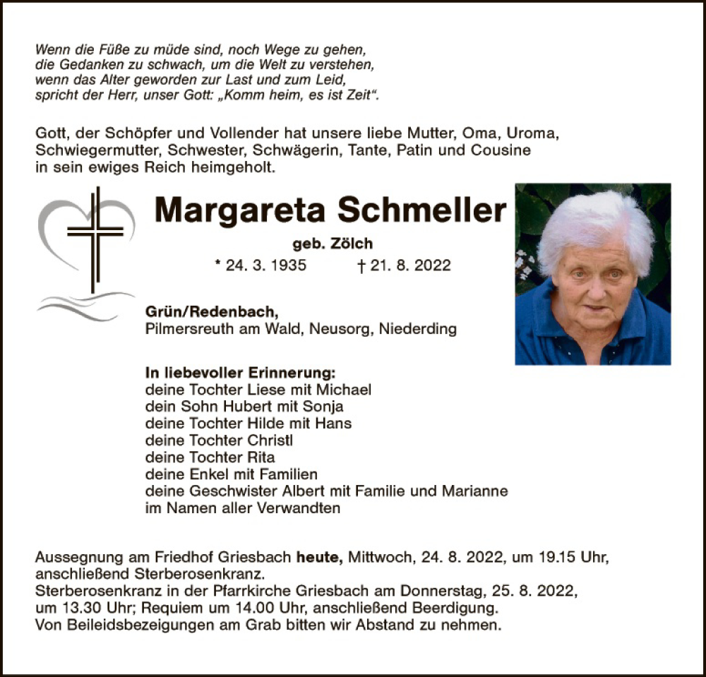  Traueranzeige für Margareta Schmeller vom 24.08.2022 aus Tirschenreuth + Eschenbach - Kemnath - Erbendorf