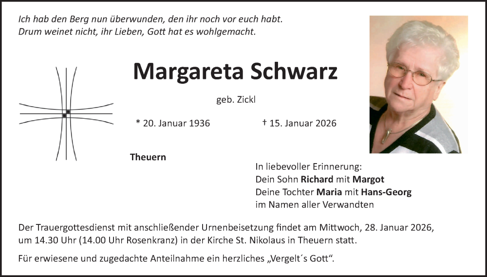  Traueranzeige für Margareta Schwarz vom 24.01.2026 aus Hauptausgabe Amberg