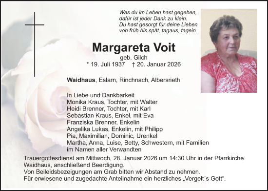 Traueranzeige von Margareta Voit von Landkreis Schwandorf und Vohenstrauß
