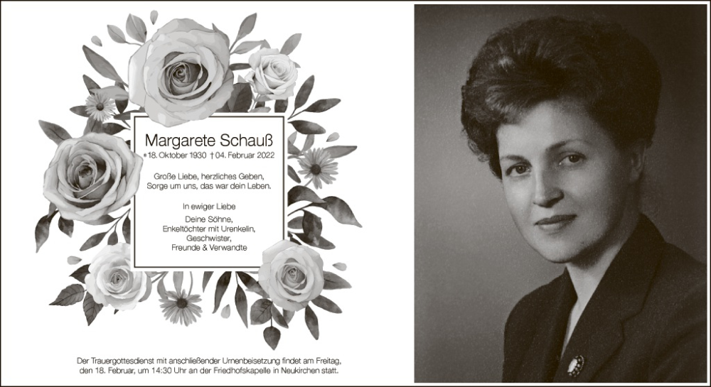  Traueranzeige für Margarete Schauß vom 16.02.2022 aus Hauptausgabe Amberg