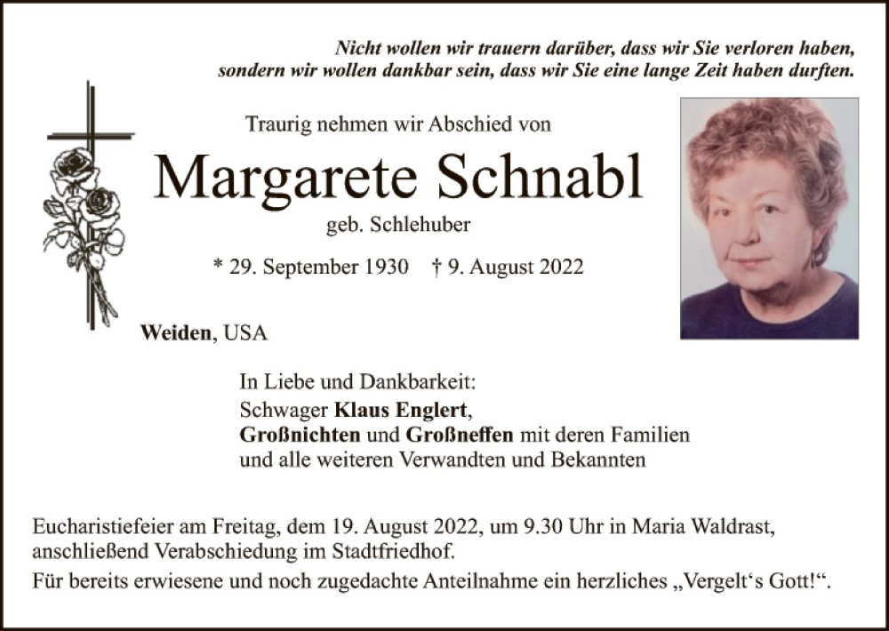  Traueranzeige für Margarete Schnabl vom 17.08.2022 aus Hauptausgabe Weiden