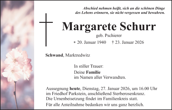 Traueranzeige von Margarete Schurr von Hauptausgabe Weiden