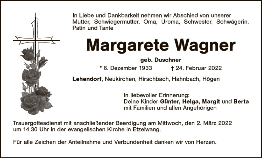  Traueranzeige für Margarete Wagner vom 28.02.2022 aus Hauptausgabe Amberg