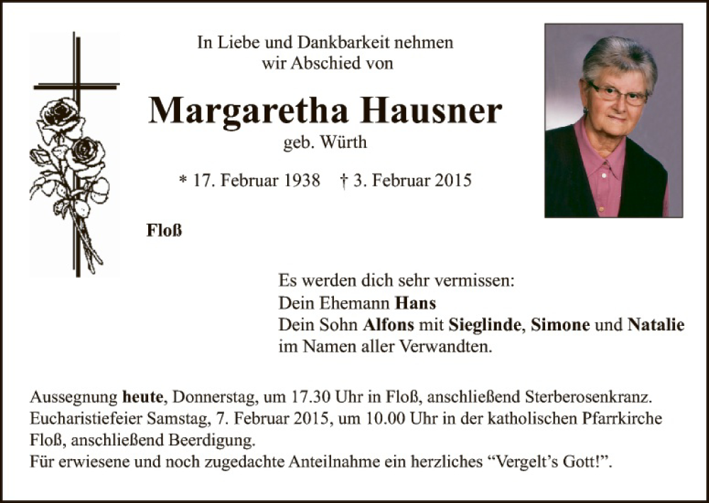  Traueranzeige für Margaretha Hausner vom 05.02.2015 aus Hauptausgabe Weiden