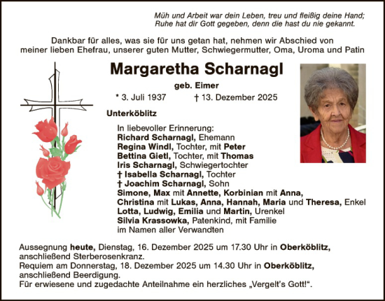 Traueranzeige von Margaretha Scharnagl von Hauptausgabe Weiden
