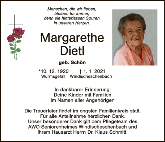 Traueranzeige von Margarethe Dietl von Hauptausgabe Weiden