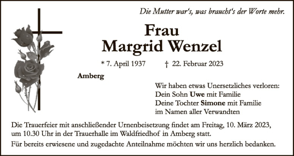  Traueranzeige für Margrid Wenzel vom 04.03.2023 aus Hauptausgabe Amberg