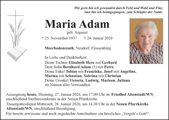 Traueranzeige von Maria Adam von Hauptausgabe Weiden