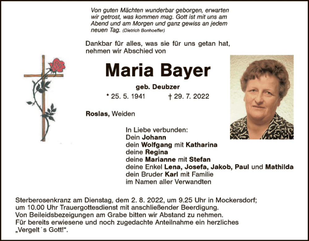  Traueranzeige für Maria Bayer vom 01.08.2022 aus Tirschenreuth + Eschenbach - Kemnath - Erbendorf