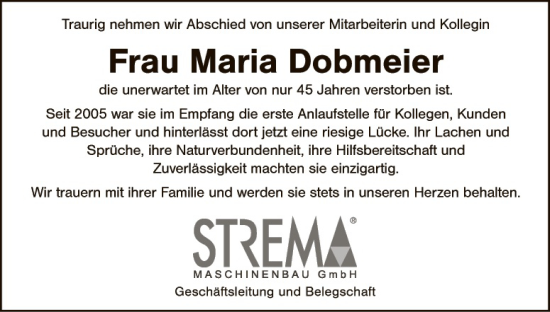 Traueranzeige von Maria Dobmeier von Hauptausgabe Amberg