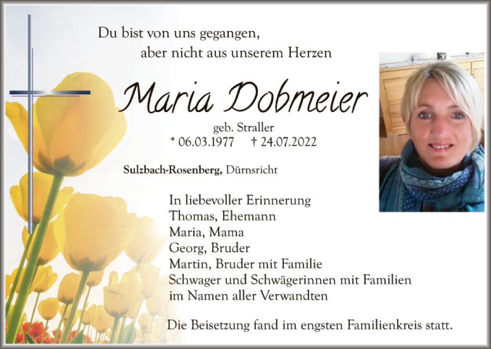  Traueranzeige für Maria Dobmeier vom 06.08.2022 aus Hauptausgabe Amberg