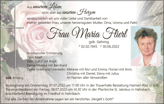 Traueranzeige von Maria Flierl von Hauptausgabe Amberg
