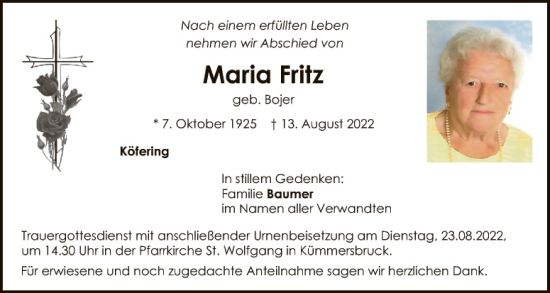 Traueranzeige von Maria Fritz von Hauptausgabe Amberg
