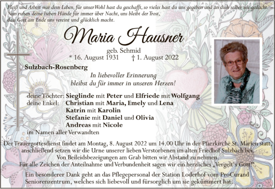 Traueranzeige von Maria Hausner von Hauptausgabe Amberg