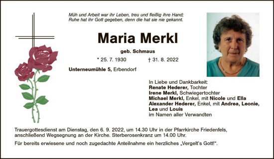 Traueranzeige von Maria Merkl von Tirschenreuth + Eschenbach - Kemnath - Erbendorf