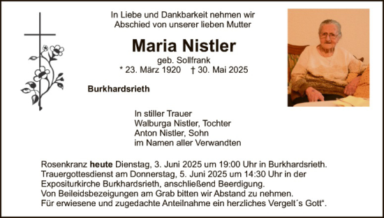 Traueranzeige von Maria Nistler von Landkreis Schwandorf und Vohenstrauß