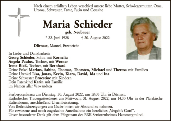 Traueranzeige von Maria Schieder von Hauptausgabe Weiden
