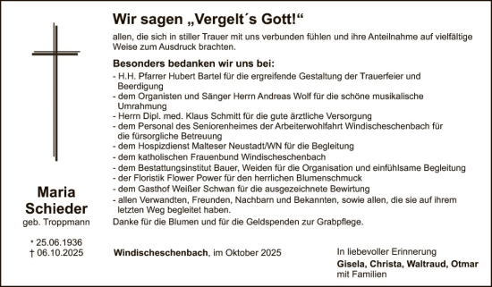 Traueranzeige von Maria Schieder von Hauptausgabe Weiden
