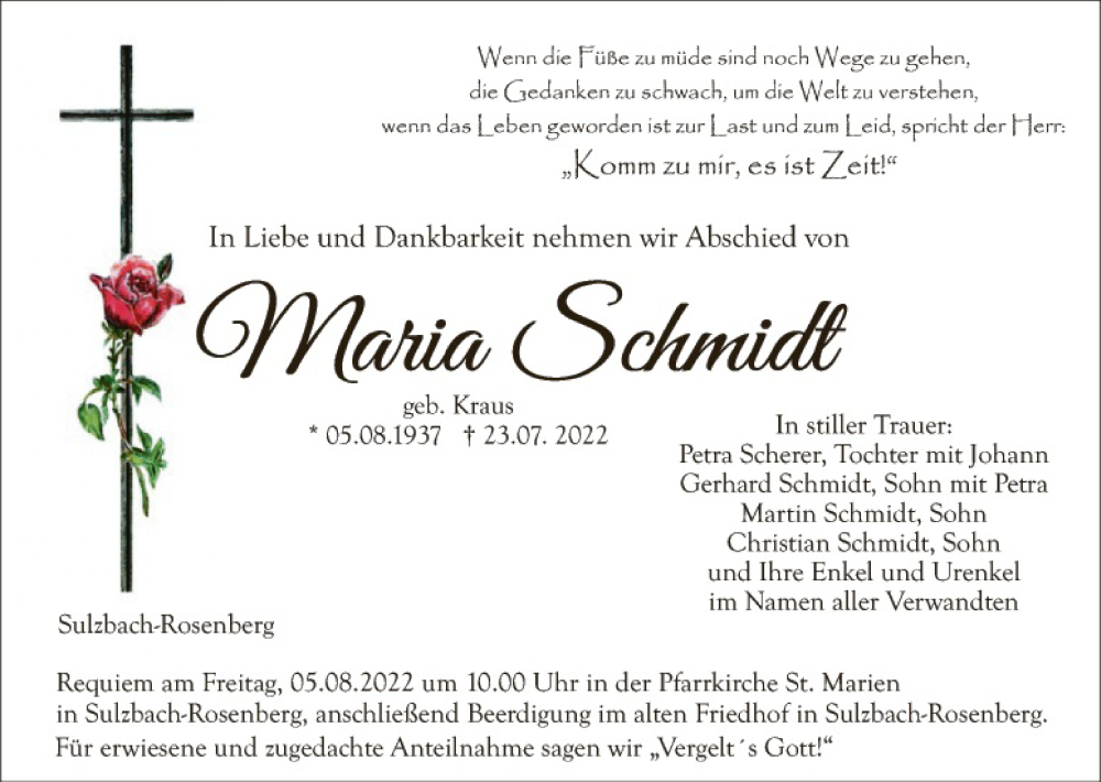  Traueranzeige für Maria Schmidt vom 01.08.2022 aus Hauptausgabe Amberg
