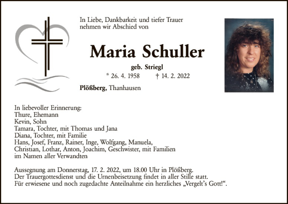  Traueranzeige für Maria Schuller vom 16.02.2022 aus Hauptausgabe Weiden