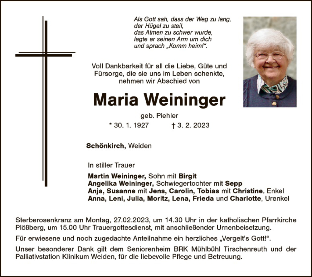  Traueranzeige für Maria Weininger vom 23.02.2023 aus Hauptausgabe Weiden