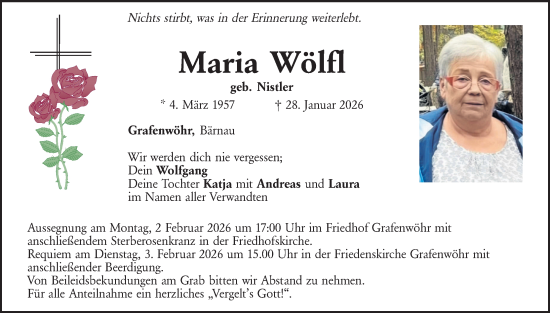 Traueranzeige von Maria Wölfl von Hauptausgabe Weiden