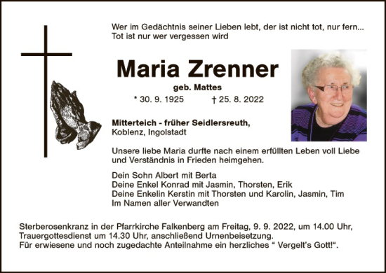 Traueranzeige von Maria Zrenner von Tirschenreuth + Eschenbach - Kemnath - Erbendorf
