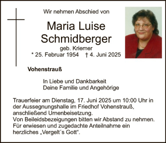 Traueranzeige von Maria Luise Schmidberger von Landkreis Schwandorf und Vohenstrauß