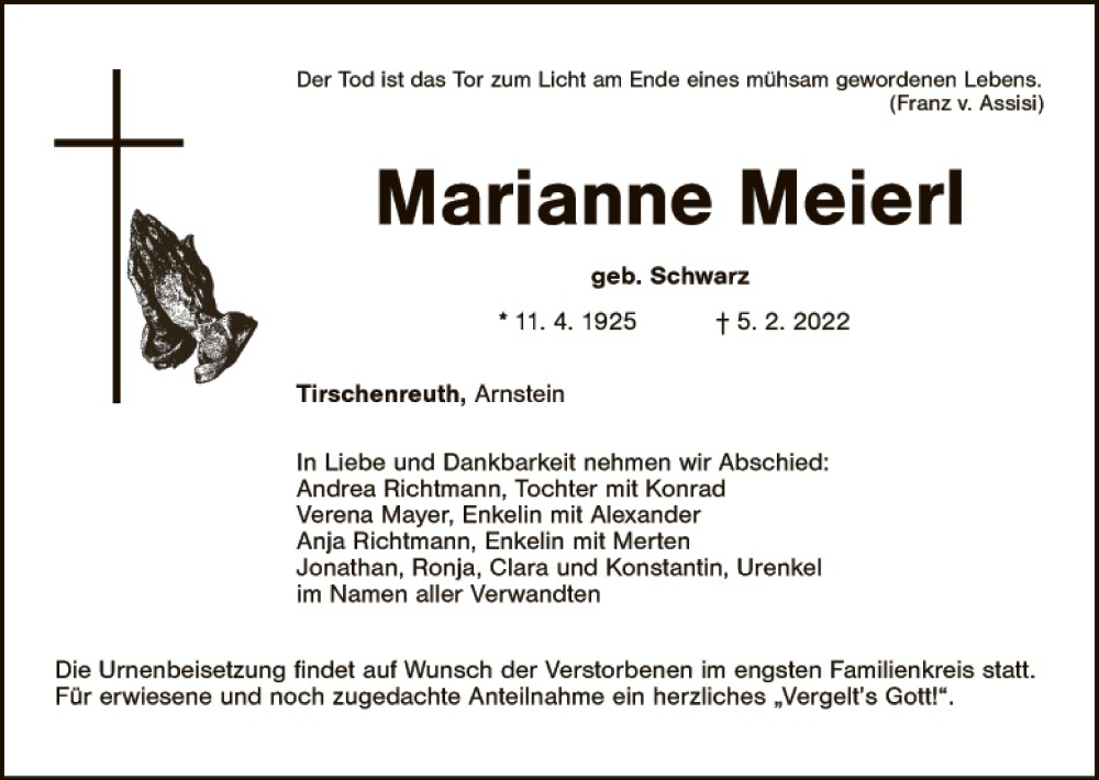  Traueranzeige für Marianne Meierl vom 16.02.2022 aus Tirschenreuth + Eschenbach - Kemnath - Erbendorf