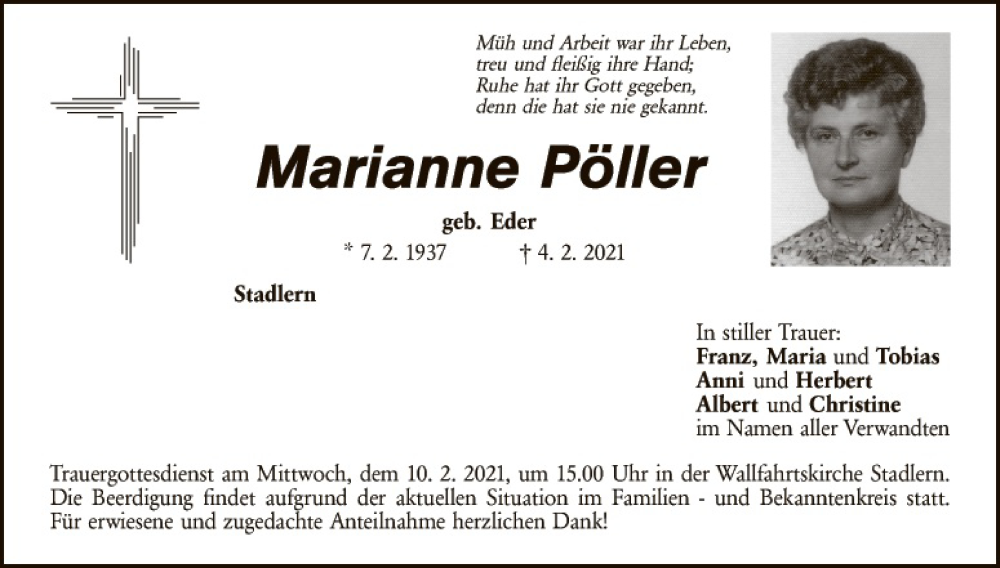  Traueranzeige für Marianne Pöller vom 09.02.2021 aus Landkreis Schwandorf