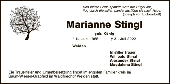 Traueranzeige von Marianne Stingl von Hauptausgabe Weiden