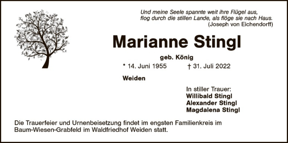  Traueranzeige für Marianne Stingl vom 03.08.2022 aus Hauptausgabe Weiden