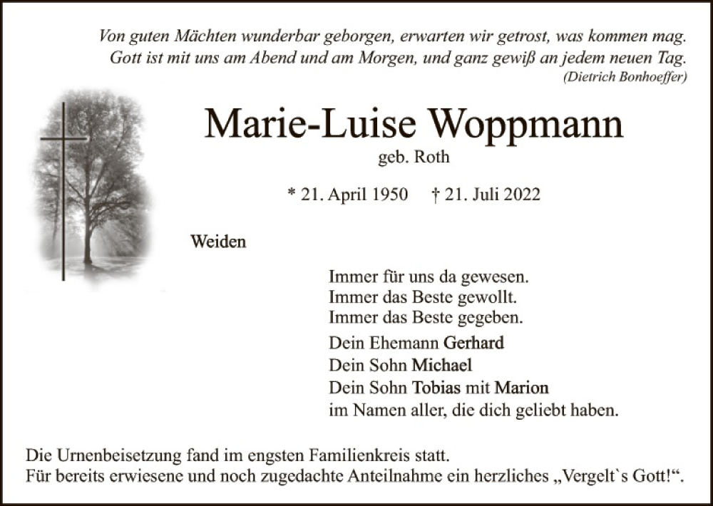  Traueranzeige für Marie-Luise Woppmann vom 06.08.2022 aus Hauptausgabe Weiden
