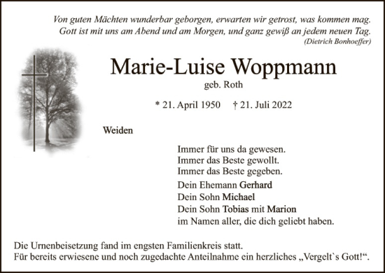 Traueranzeige von Marie-Luise Woppmann von Hauptausgabe Weiden