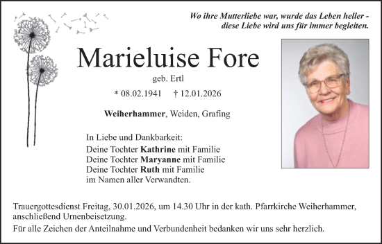 Traueranzeige von Marieluise Fore von Hauptausgabe Weiden