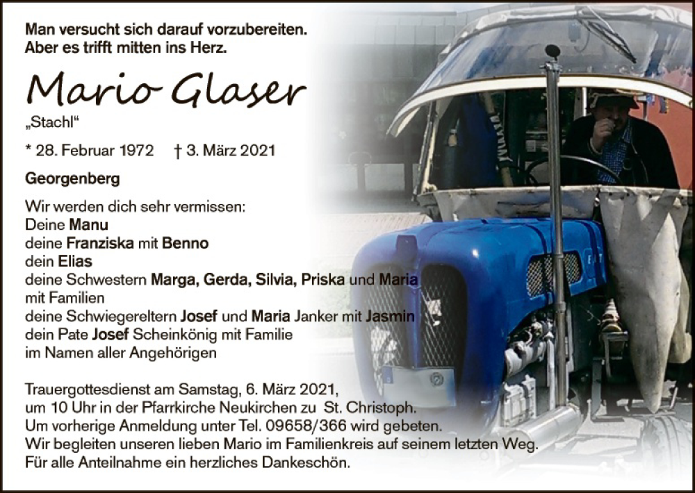  Traueranzeige für Mario Glaser vom 05.03.2021 aus Hauptausgabe Weiden