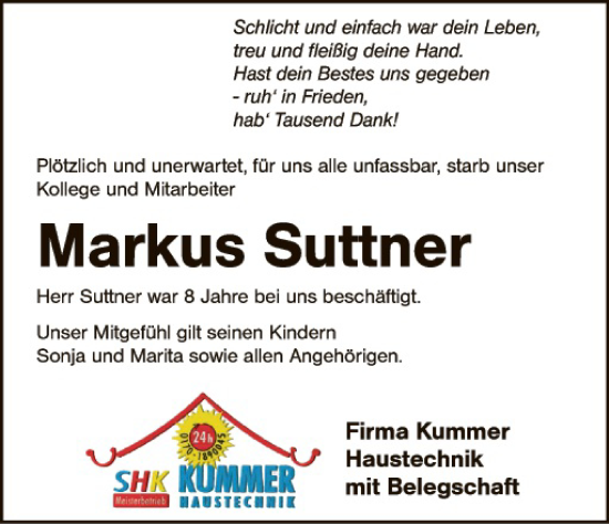 Traueranzeige von Markus Suttner von Hauptausgabe Weiden