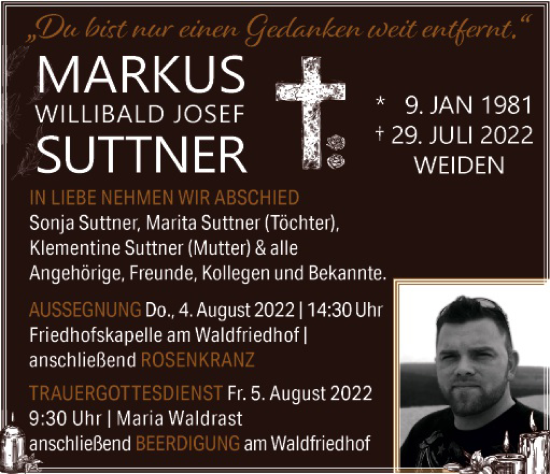 Traueranzeige von Markus Willibald Josef Suttner von Hauptausgabe Weiden
