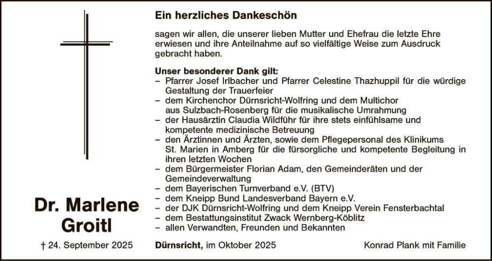  Traueranzeige für Marlene Groitl vom 11.10.2025 aus Landkreis Schwandorf