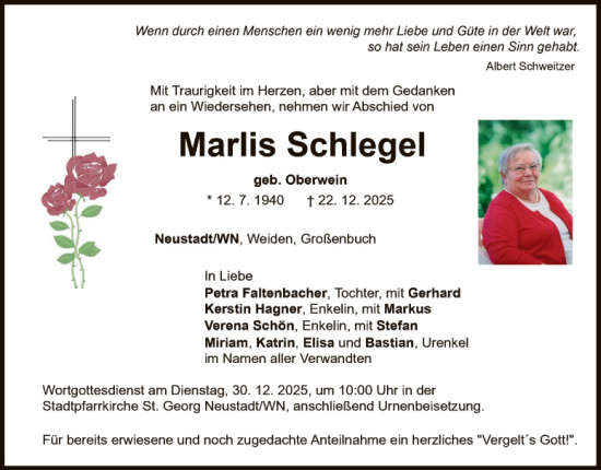 Traueranzeige von Marlis Schlegel von Hauptausgabe Weiden
