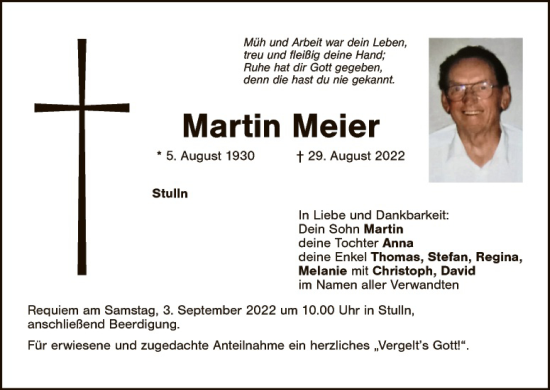 Traueranzeige von Martin Meier von Landkreis Schwandorf