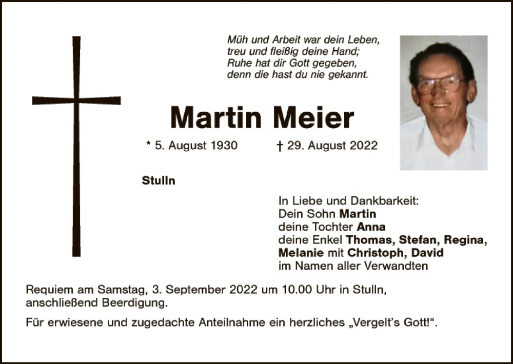 Traueranzeige für Martin Meier vom 01.09.2022 aus Landkreis Schwandorf