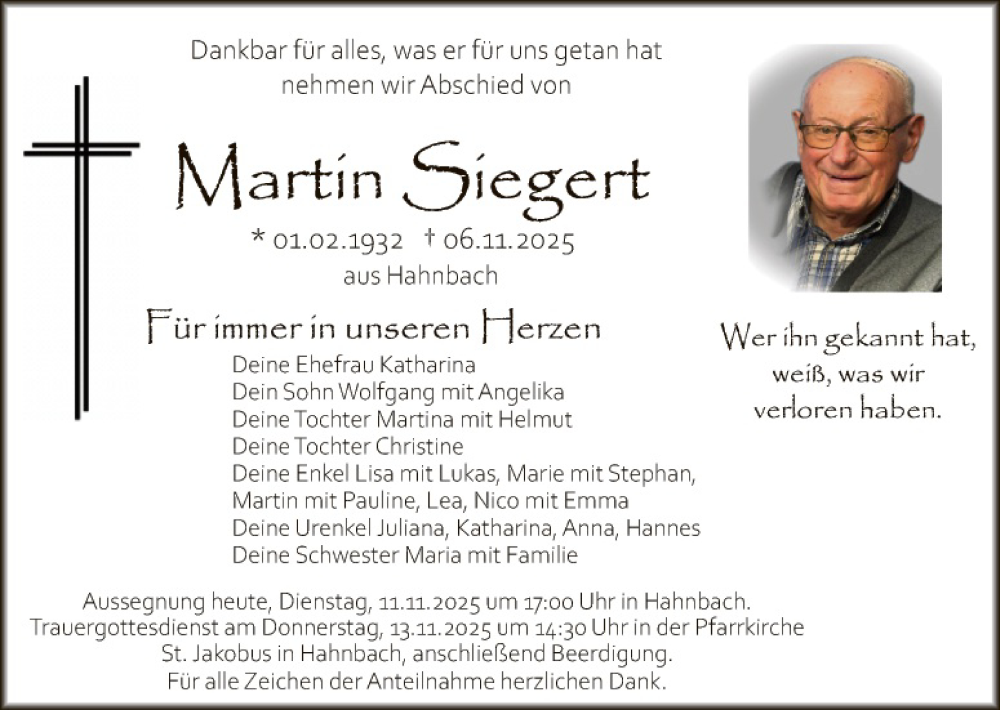  Traueranzeige für Martin Siegert vom 11.11.2025 aus Hauptausgabe Amberg