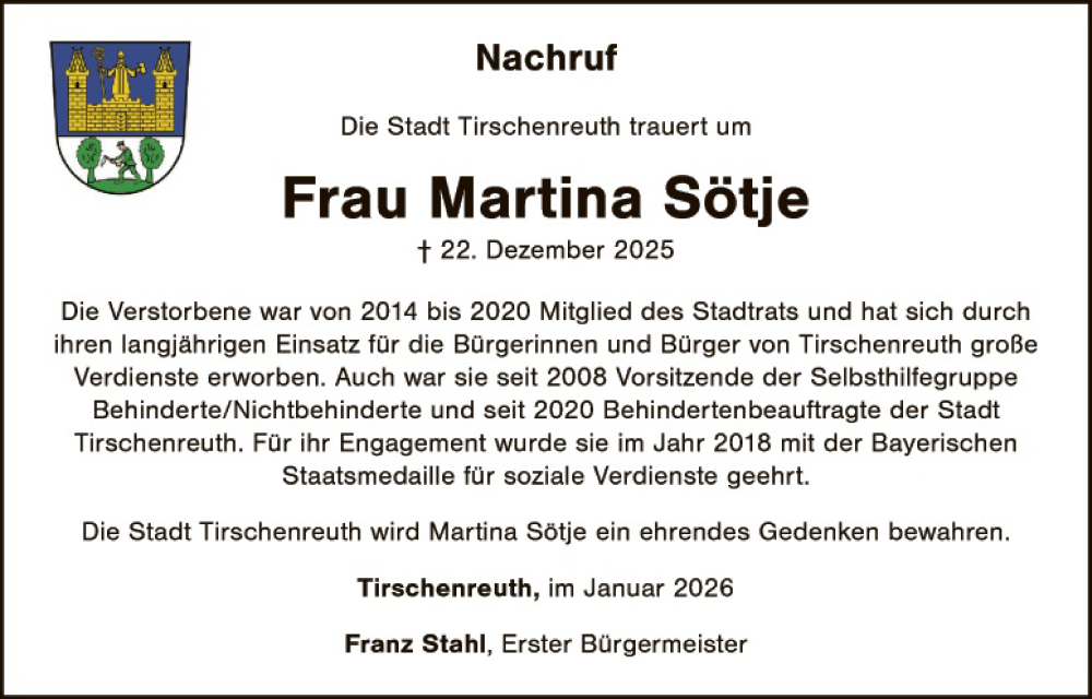  Traueranzeige für Martina Sötje vom 03.01.2026 aus Tirschenreuth