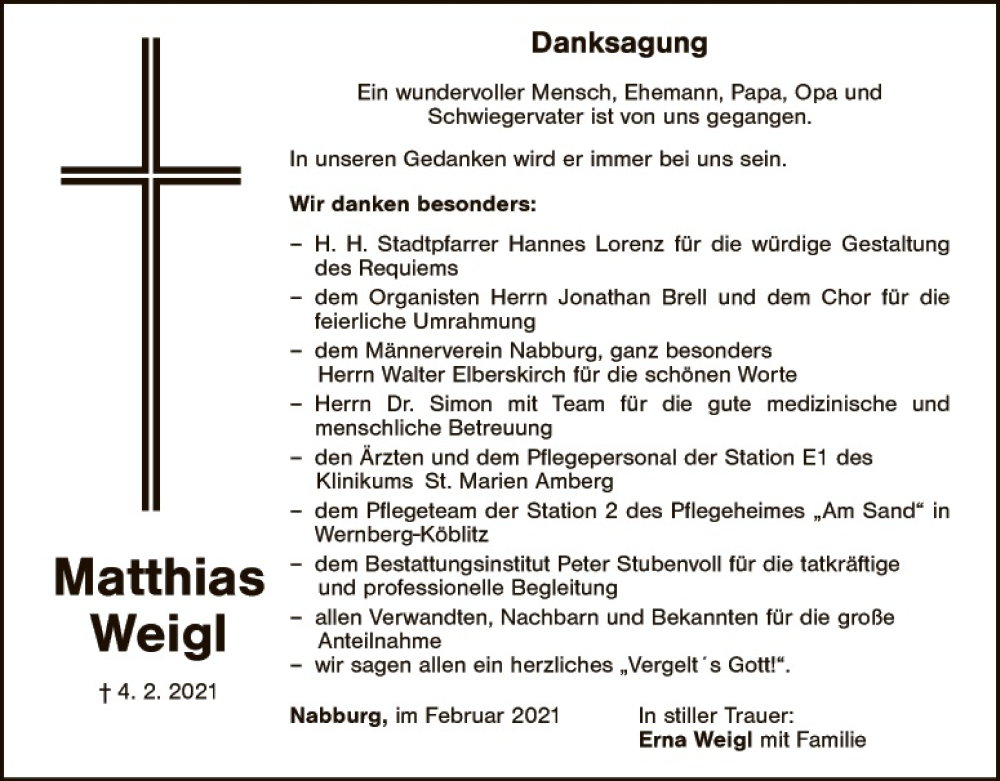  Traueranzeige für Matthias Weigl vom 13.02.2021 aus Landkreis Schwandorf