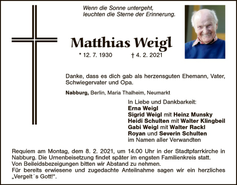  Traueranzeige für Matthias Weigl vom 06.02.2021 aus Landkreis Schwandorf