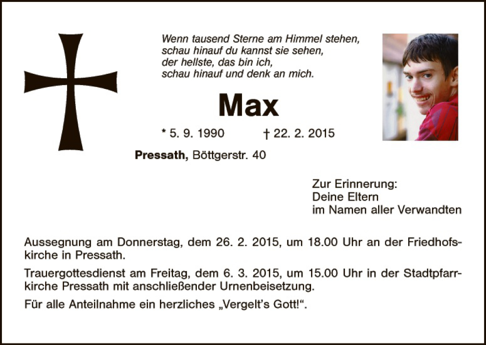  Traueranzeige für Max  vom 25.02.2015 aus Tirschenreuth + Eschenbach - Kemnath - Erbendorf